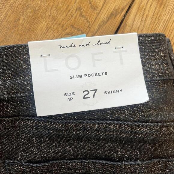 LOFT Black Denim Gold Shimmer Slim Pocket Skinny Stretch Jeans 4 Petite - Picture 3 of 8